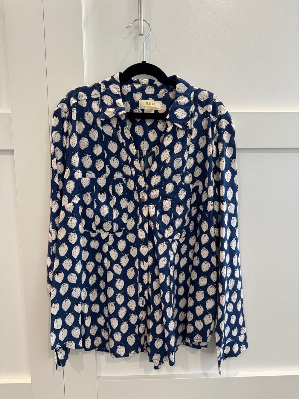 Mauve Navy Button-Down Shirt with White Strawberry Print